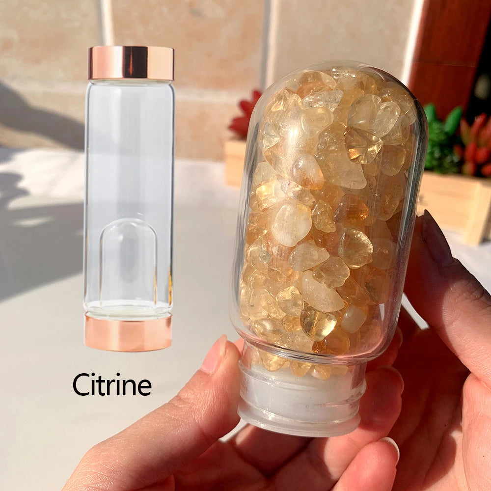 Natural Crystal Rose Gold Glass Water Bottle Amethyst Rose Quartz Gravel Gemstone Healing Glass Elixir Drink Bottle Gift