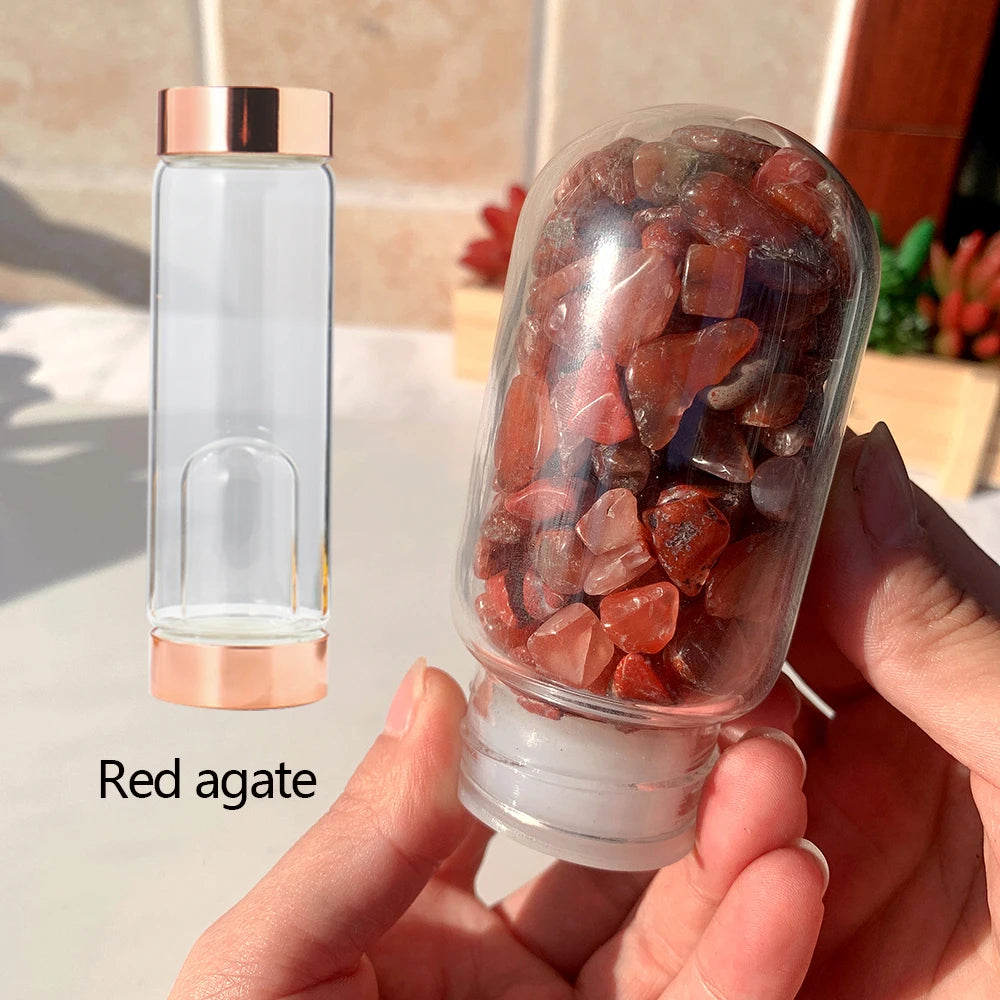 Natural Crystal Rose Gold Glass Water Bottle Amethyst Rose Quartz Gravel Gemstone Healing Glass Elixir Drink Bottle Gift