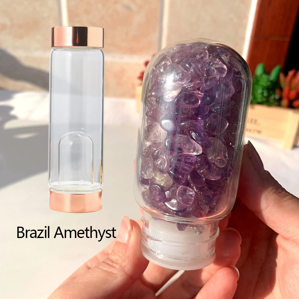 Natural Crystal Rose Gold Glass Water Bottle Amethyst Rose Quartz Gravel Gemstone Healing Glass Elixir Drink Bottle Gift