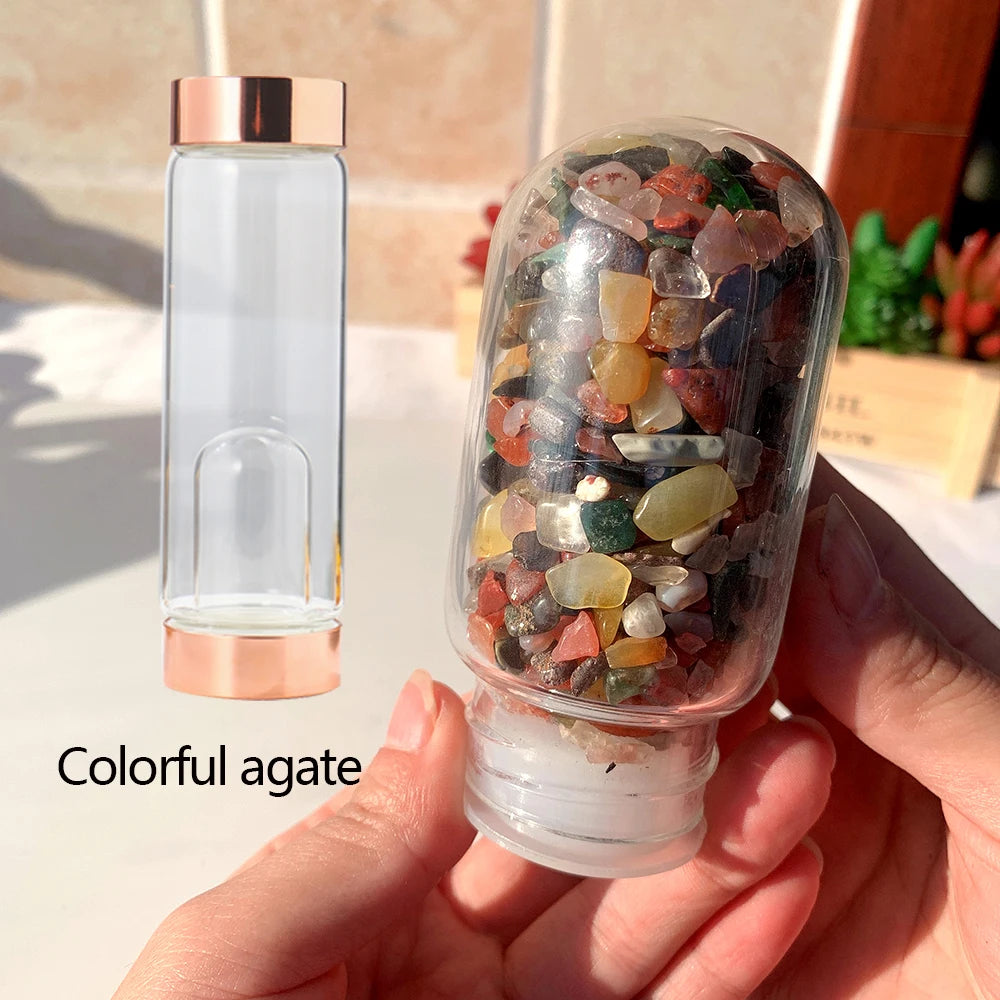 Natural Crystal Rose Gold Glass Water Bottle Amethyst Rose Quartz Gravel Gemstone Healing Glass Elixir Drink Bottle Gift