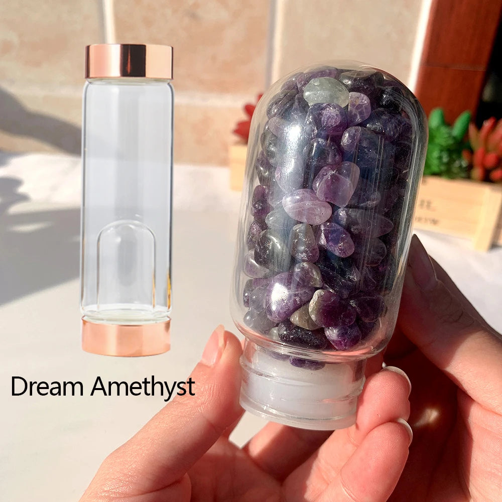 Natural Crystal Rose Gold Glass Water Bottle Amethyst Rose Quartz Gravel Gemstone Healing Glass Elixir Drink Bottle Gift