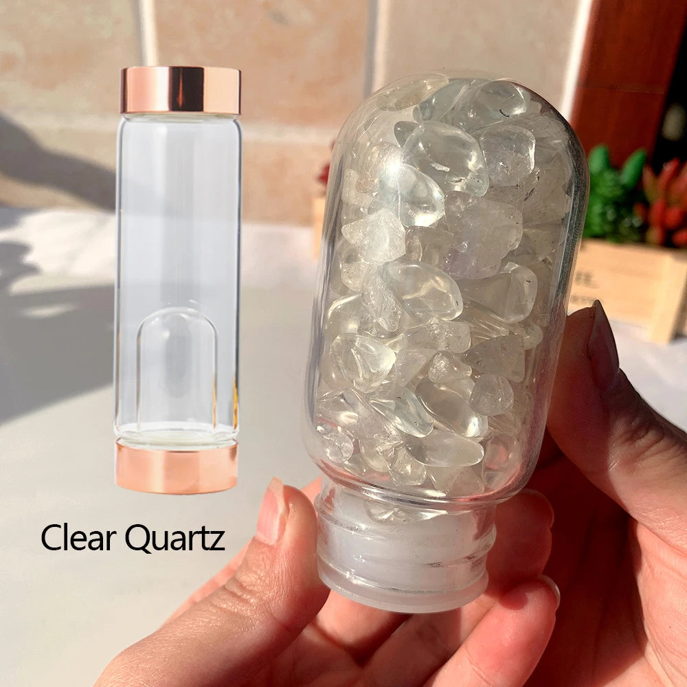 Natural Crystal Rose Gold Glass Water Bottle Amethyst Rose Quartz Gravel Gemstone Healing Glass Elixir Drink Bottle Gift