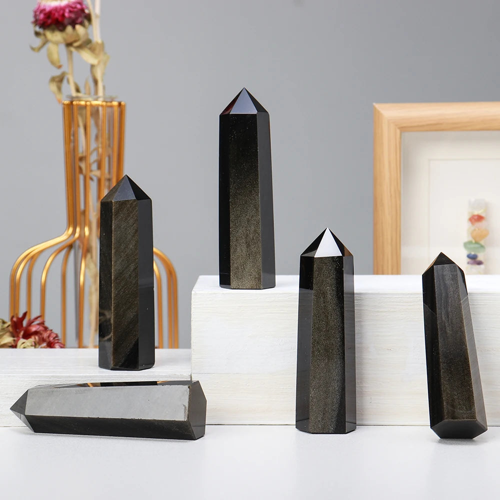 Natural Crystal Stone Golden Obsidian Column Aureate Light Crystal Wand  Energy Quartz Tower Decoration