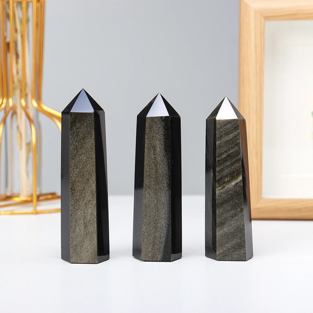 Natural Crystal Stone Golden Obsidian Column Aureate Light Crystal Wand  Energy Quartz Tower Decoration