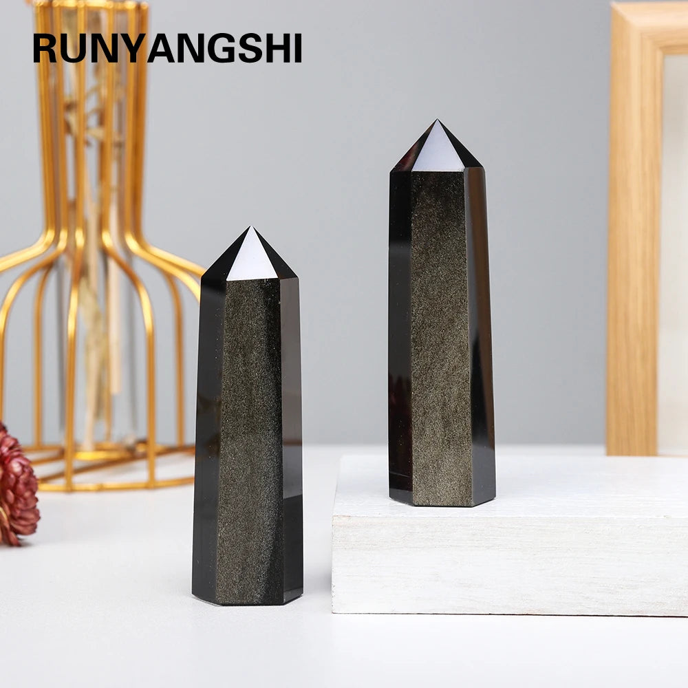 Natural Crystal Stone Golden Obsidian Column Aureate Light Crystal Wand  Energy Quartz Tower Decoration