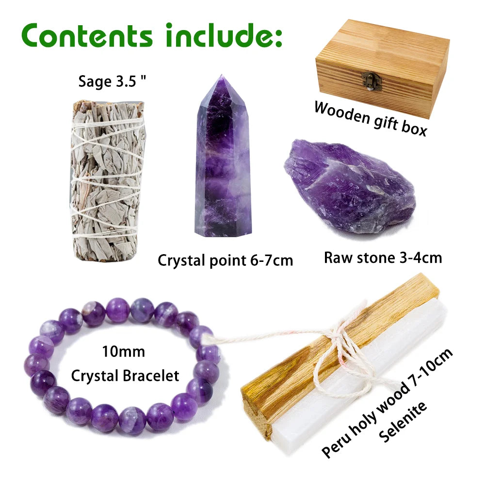 Natural Crystal Stone Smudge Stick Rose Quartz Amethyst Magic Wand Bracelet Divination and Witchcraft Wooden Gift Box