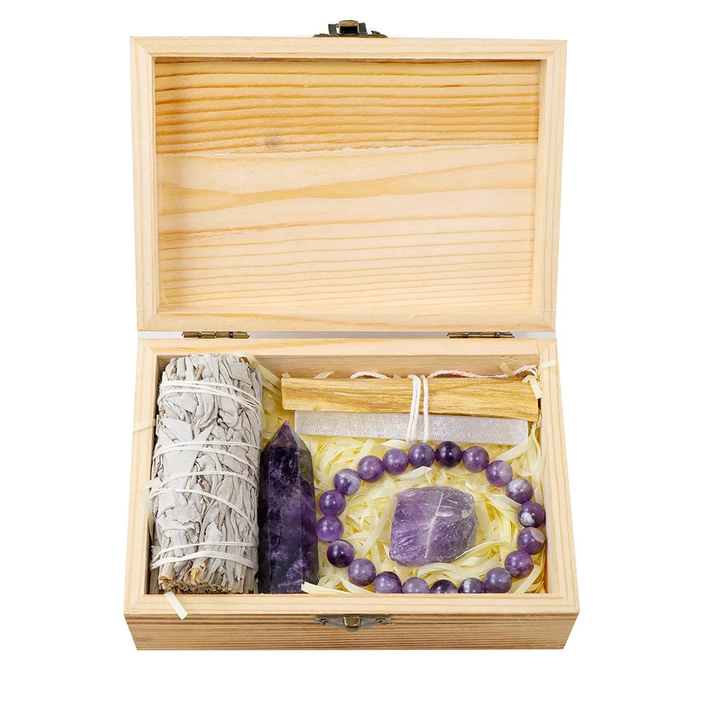 Natural Crystal Stone Smudge Stick Rose Quartz Amethyst Magic Wand Bracelet Divination and Witchcraft Wooden Gift Box