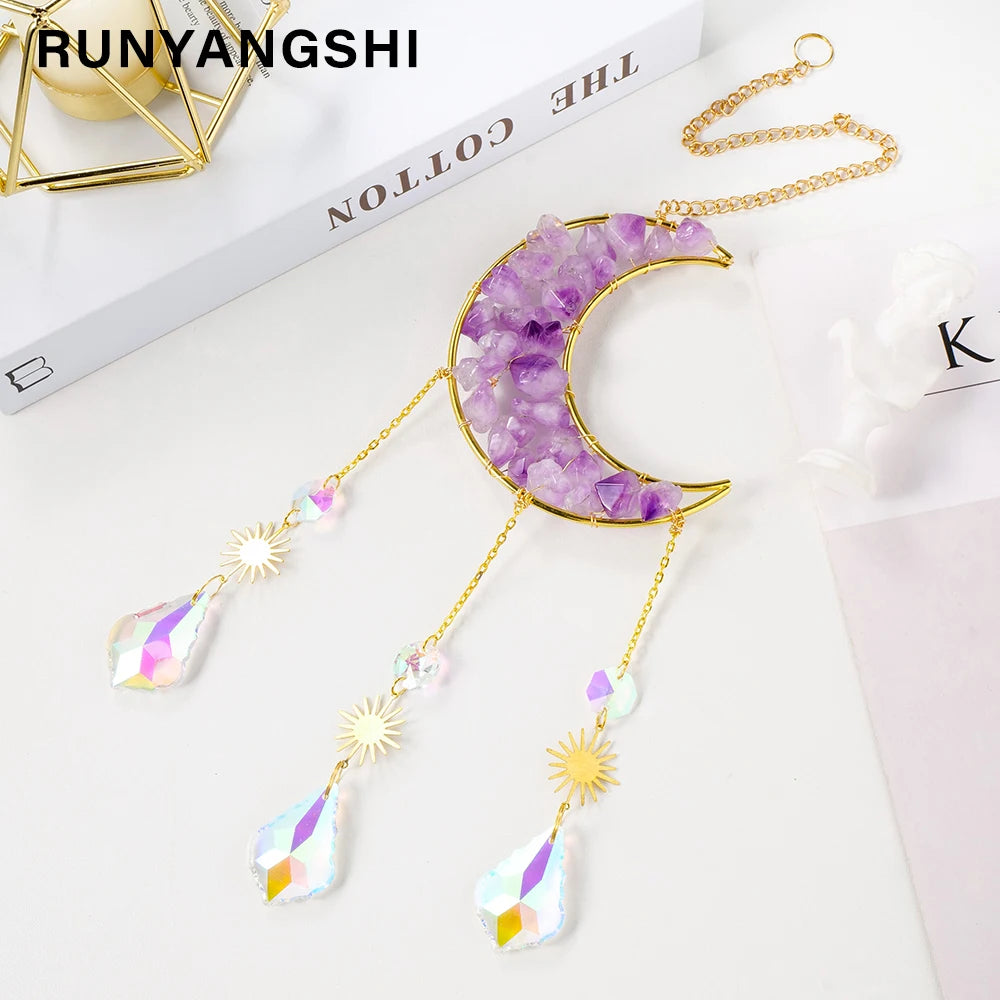 Natural Crystal Stones Handmade Amethyst Gemstones Gravels Sun Catcher Moon Pendant Hanging Ornament  For Lighting Decoration