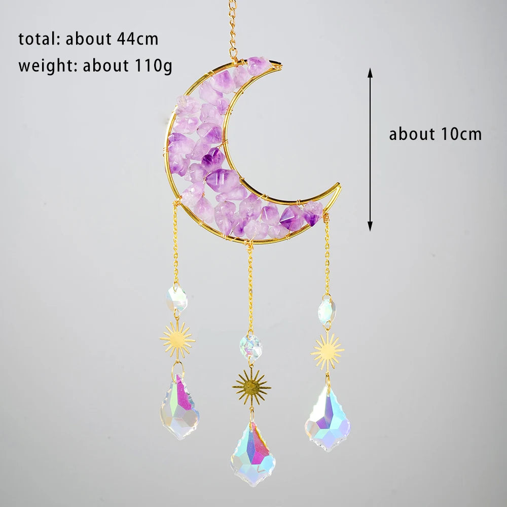 Natural Crystal Stones Handmade Amethyst Gemstones Gravels Sun Catcher Moon Pendant Hanging Ornament  For Lighting Decoration