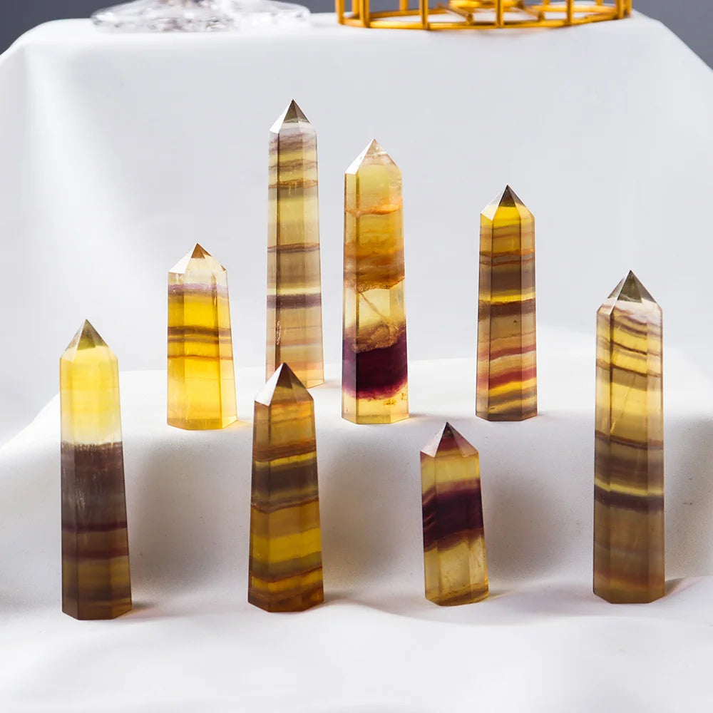 Natural Crystal Striped Fluorite Magic Point Health Energy Gem Hexagonal Ornament Yellow Fluorite Crystal column