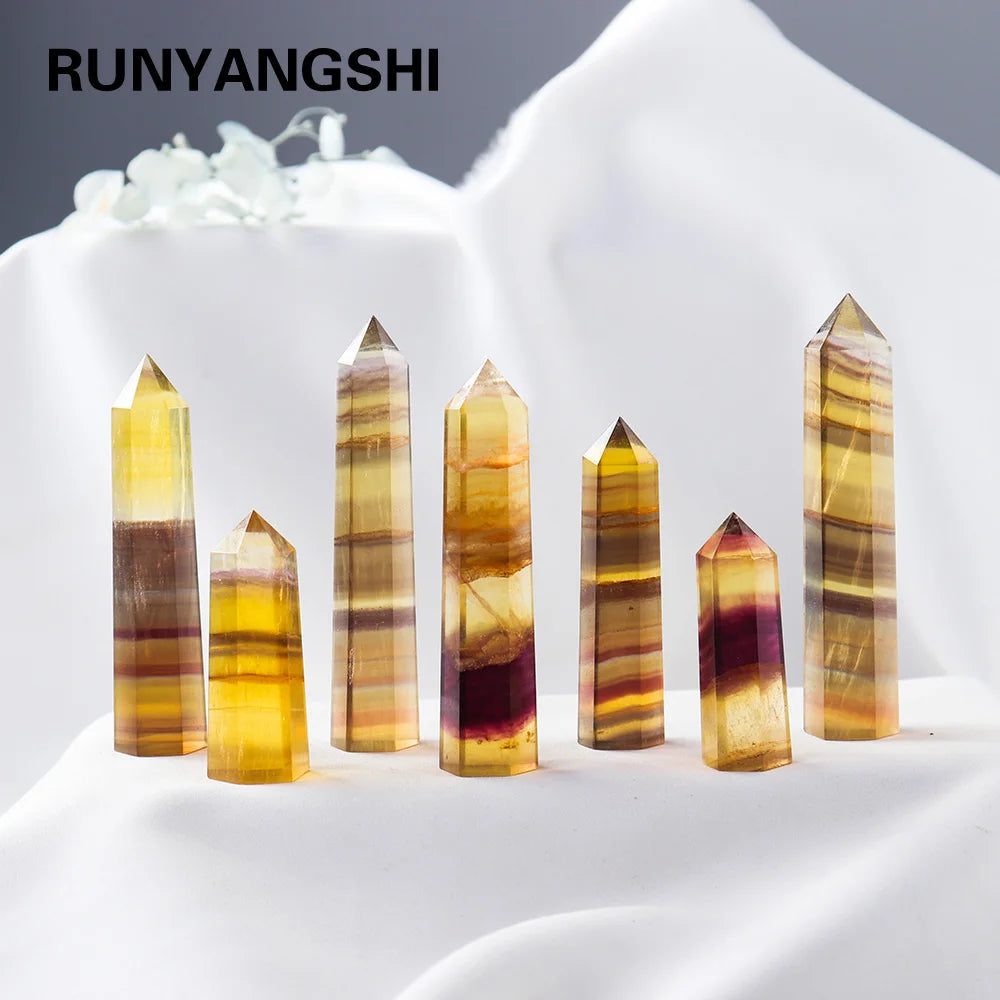 Natural Crystal Striped Fluorite Magic Point Health Energy Gem Hexagonal Ornament Yellow Fluorite Crystal column