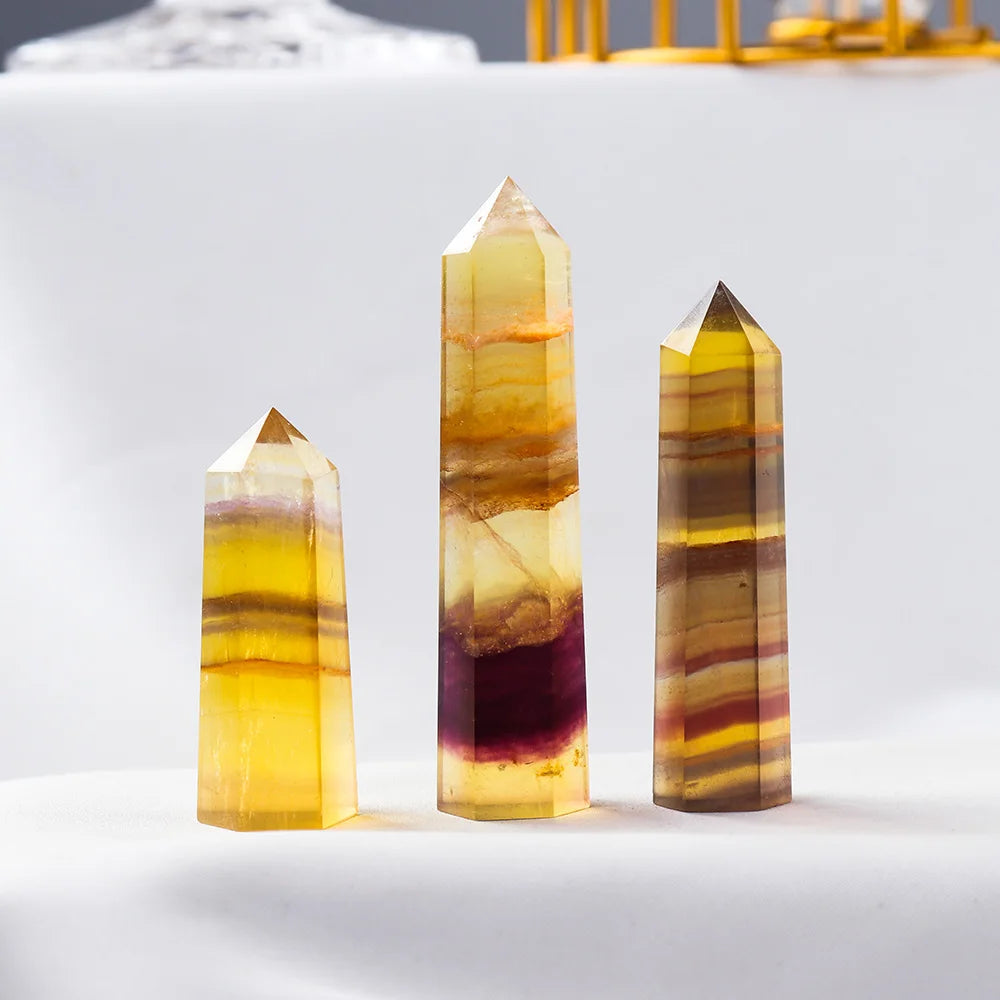 Natural Crystal Striped Fluorite Magic Point Health Energy Gem Hexagonal Ornament Yellow Fluorite Crystal column