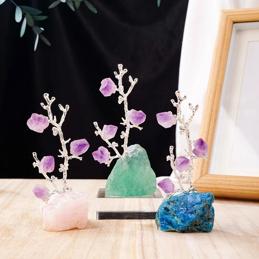 Natural Crystal Tree Amethyst Flowers Healing Raw Stone Base Gem Bonsai Money Tree For Home Office Table Decor Wealth and Luck