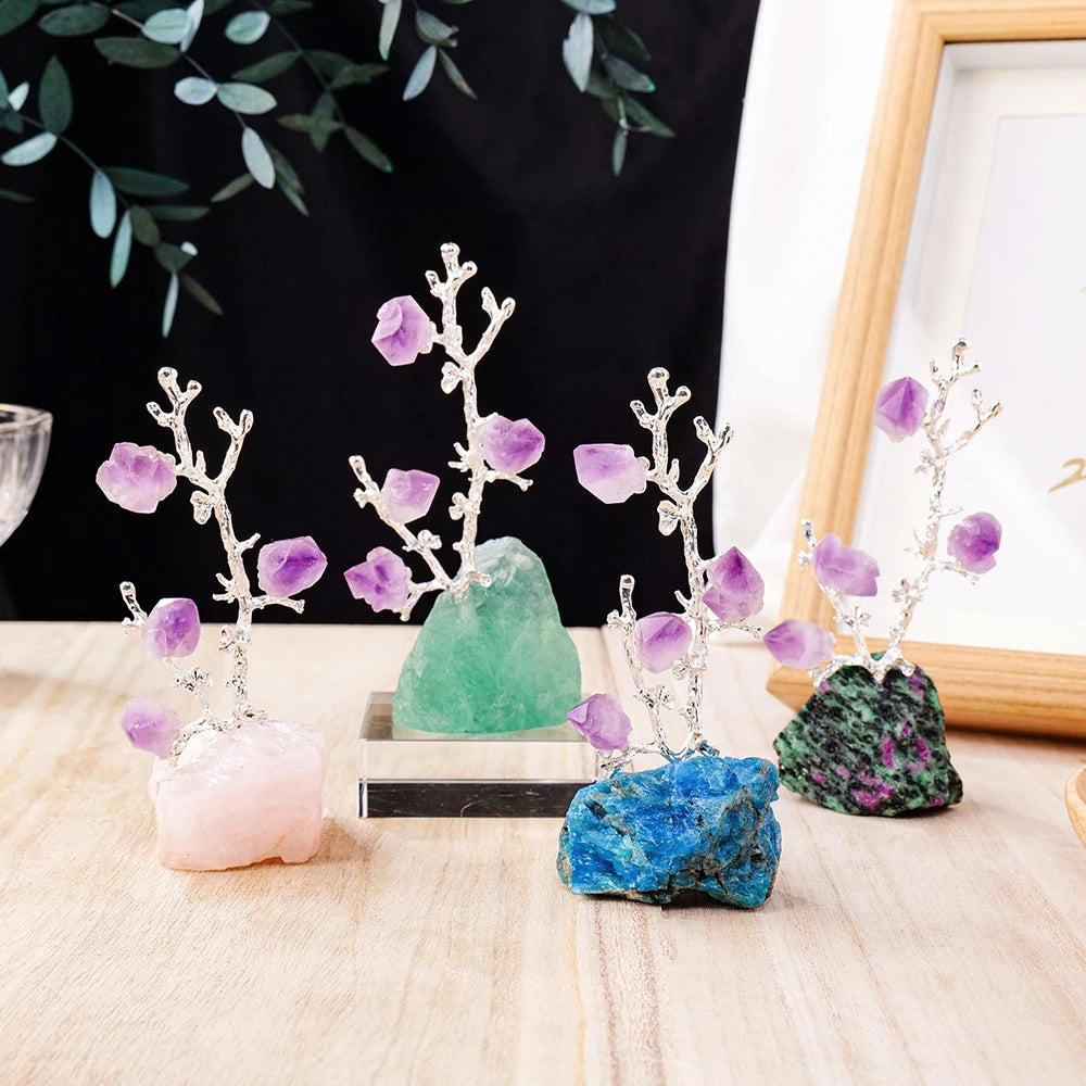 Natural Crystal Tree Amethyst Flowers Healing Raw Stone Base Gem Bonsai Money Tree For Home Office Table Decor Wealth and Luck