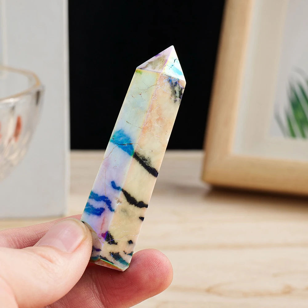 Natural Crystal Wands Pink Zebra Stone Aura Rainbow Point Healing Six Faceted Reiki Chakra Stones Prism for Home Decor