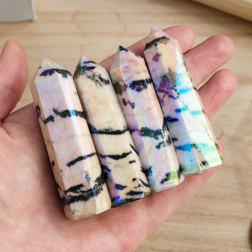 Natural Crystal Wands Pink Zebra Stone Aura Rainbow Point Healing Six Faceted Reiki Chakra Stones Prism for Home Decor