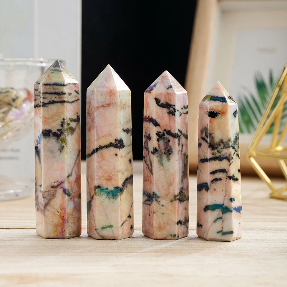 Natural Crystal Wands Pink Zebra Stone Aura Rainbow Point Healing Six Faceted Reiki Chakra Stones Prism for Home Decor