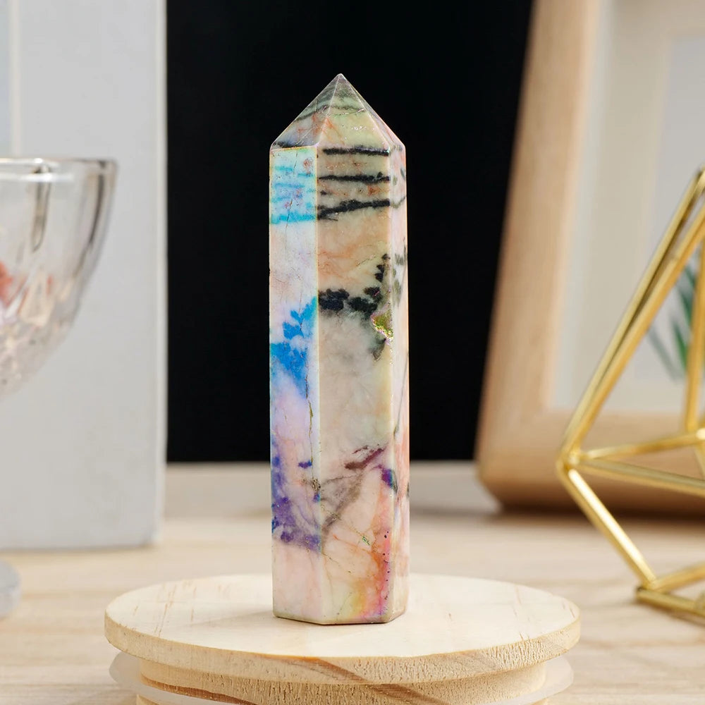 Natural Crystal Wands Pink Zebra Stone Aura Rainbow Point Healing Six Faceted Reiki Chakra Stones Prism for Home Decor