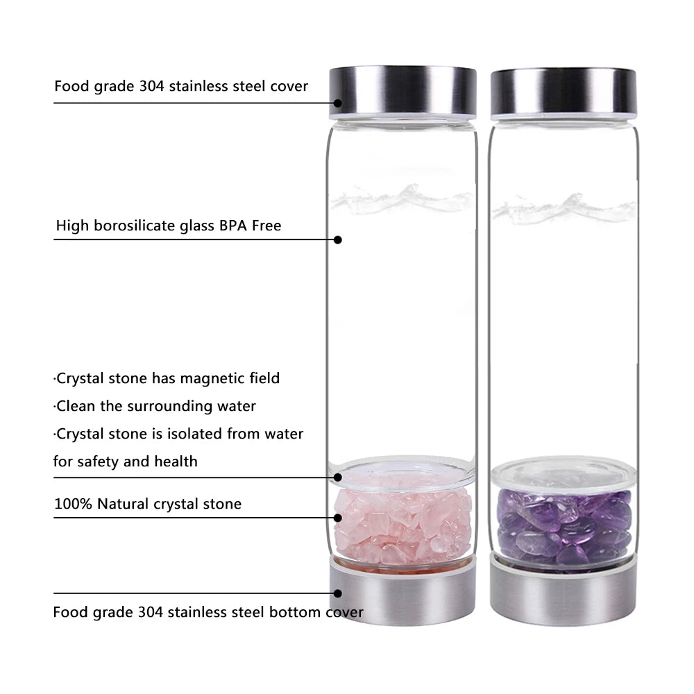 Natural Crystal stone Amethyst Healing quartz Elixir Rose Quartz Infused Drink Glass Water Bottle Tools