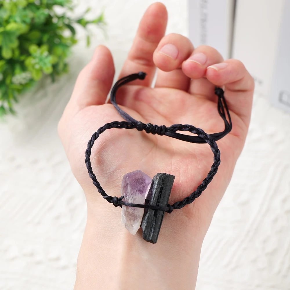 Natural Gemstone Bracelet Irregular Hand Woven Energy Amethyst Jet Stone Crystal Bangles Quartz Wristband For Women