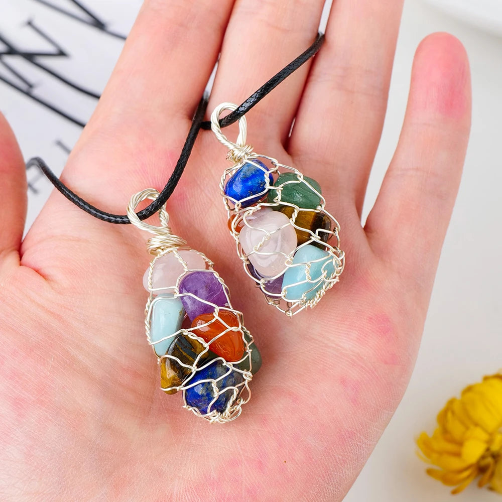 Natural Healing Chips Stone Chakra Crystal Gem DIY Pendant Copper Wire Mesh Bag Necklace Ornament