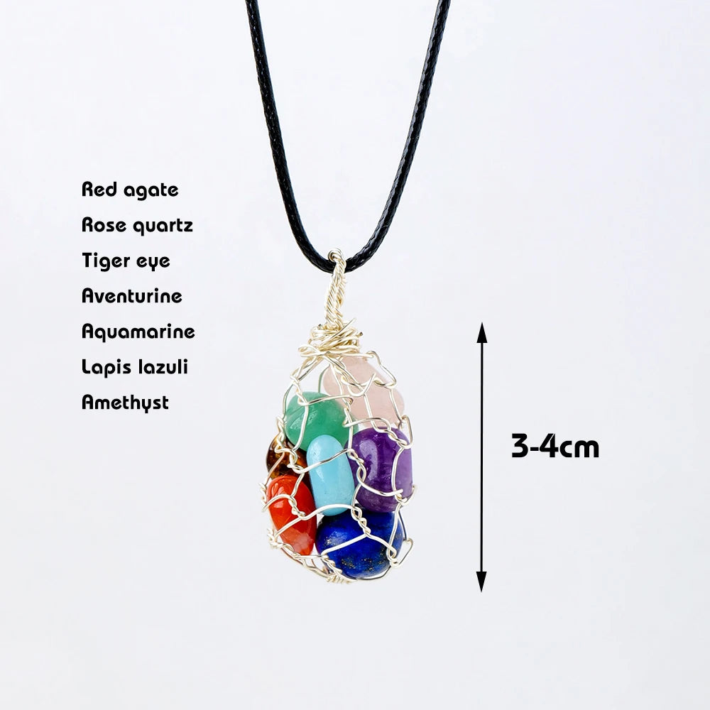 Natural Healing Chips Stone Chakra Crystal Gem DIY Pendant Copper Wire Mesh Bag Necklace Ornament