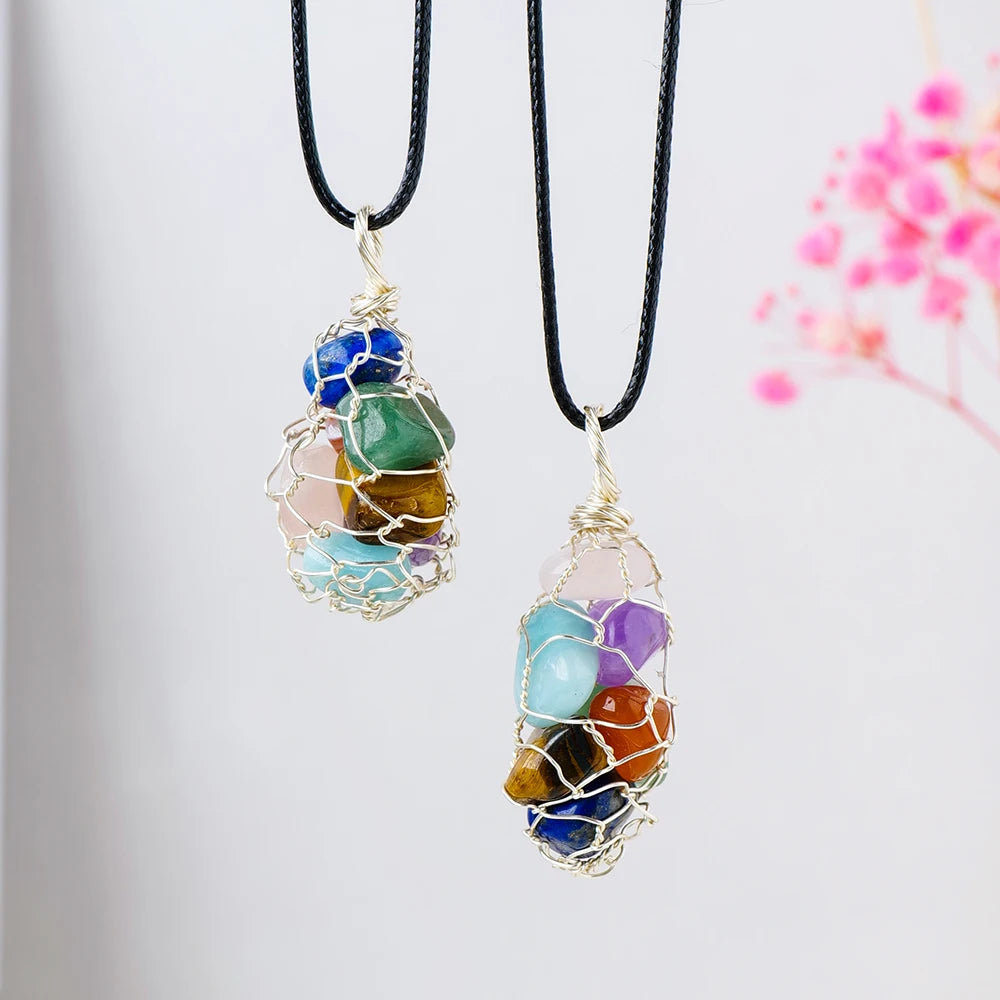 Natural Healing Chips Stone Chakra Crystal Gem DIY Pendant Copper Wire Mesh Bag Necklace Ornament