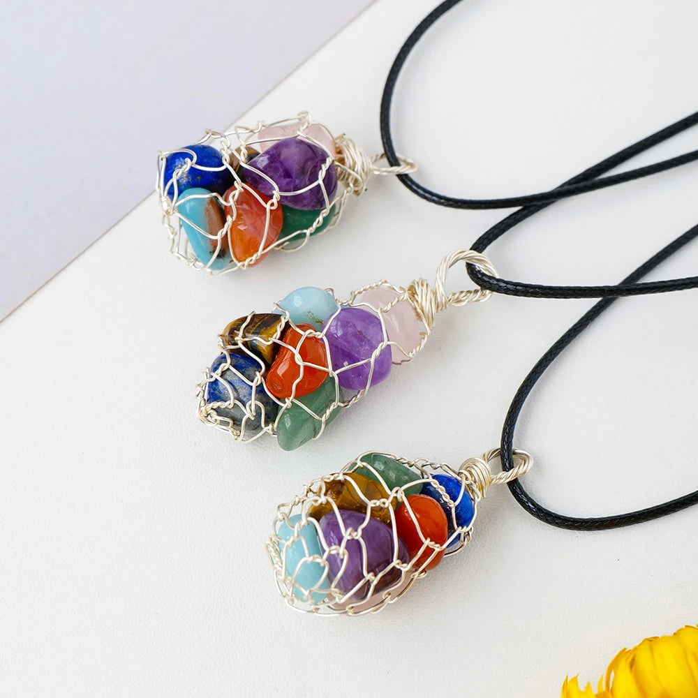 Natural Healing Chips Stone Chakra Crystal Gem DIY Pendant Copper Wire Mesh Bag Necklace Ornament