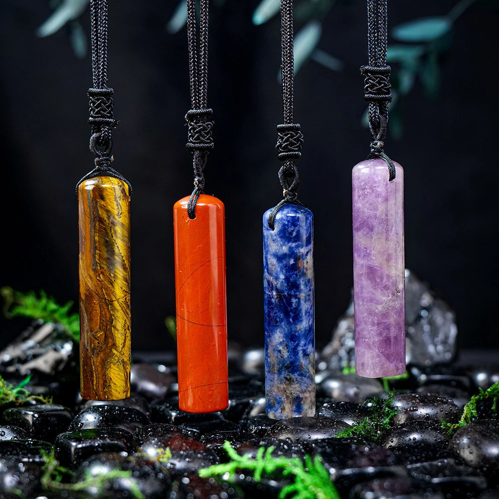 Natural Healing Crystal Cylinder Pendant Necklace for Women Men, Wand Amulet Reiki Stone Adjustable Braided Cord