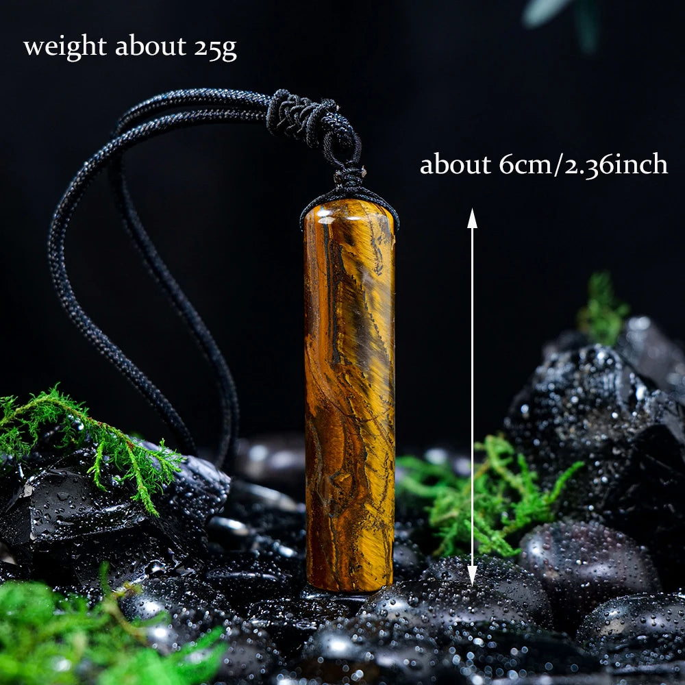 Natural Healing Crystal Cylinder Pendant Necklace for Women Men, Wand Amulet Reiki Stone Adjustable Braided Cord