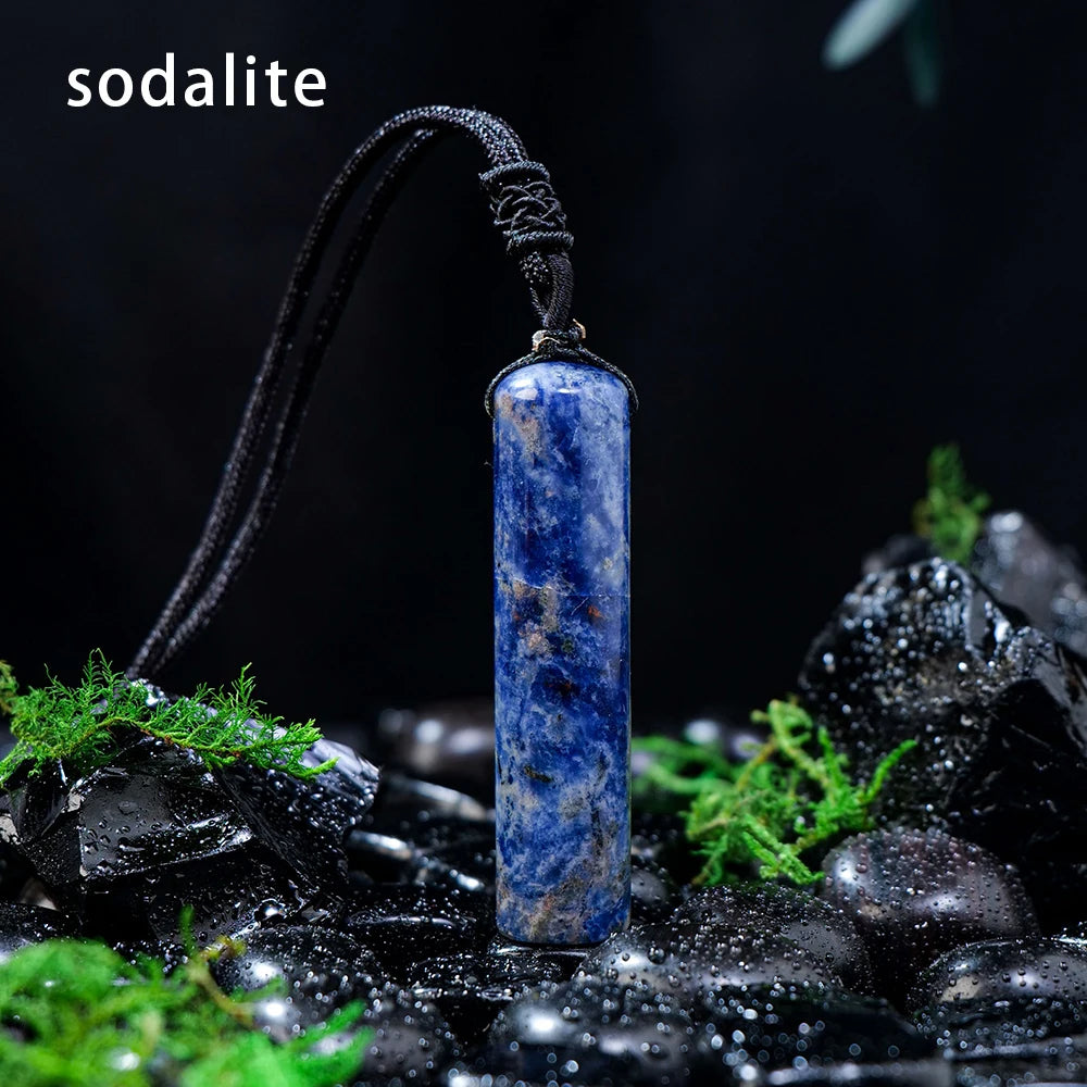 Natural Healing Crystal Cylinder Pendant Necklace for Women Men, Wand Amulet Reiki Stone Adjustable Braided Cord