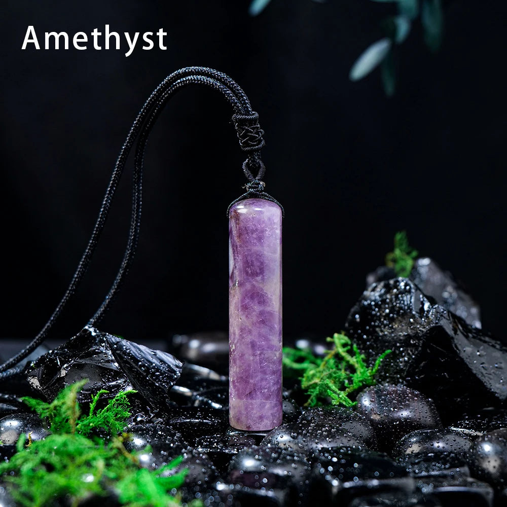 Natural Healing Crystal Cylinder Pendant Necklace for Women Men, Wand Amulet Reiki Stone Adjustable Braided Cord