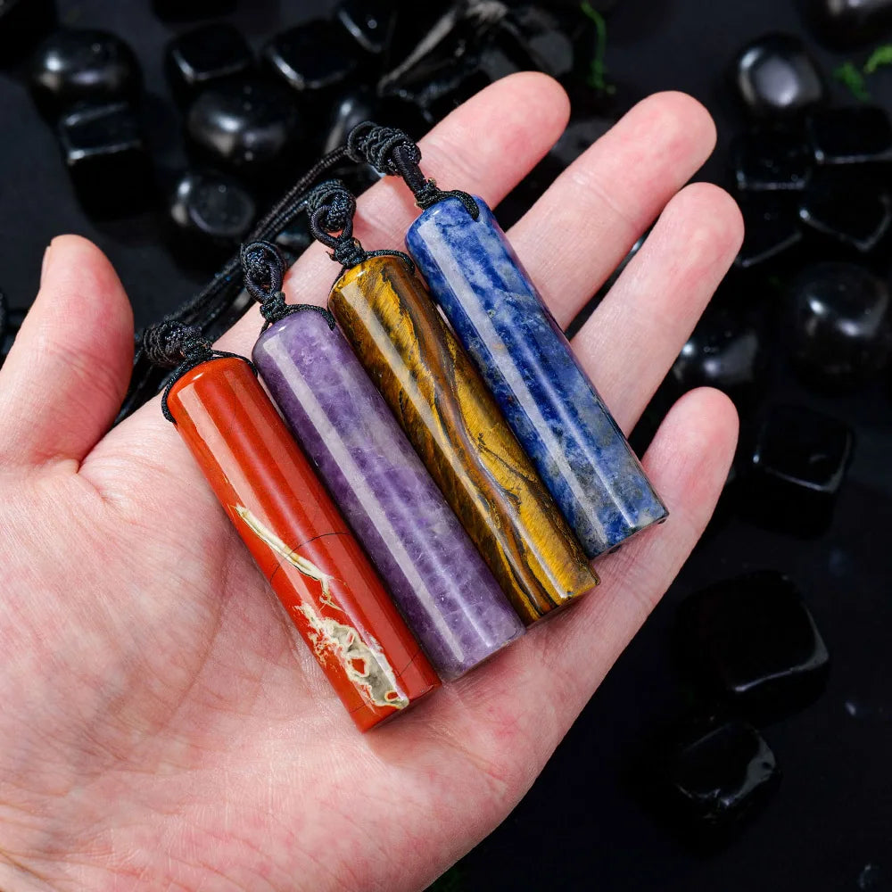 Natural Healing Crystal Cylinder Pendant Necklace for Women Men, Wand Amulet Reiki Stone Adjustable Braided Cord