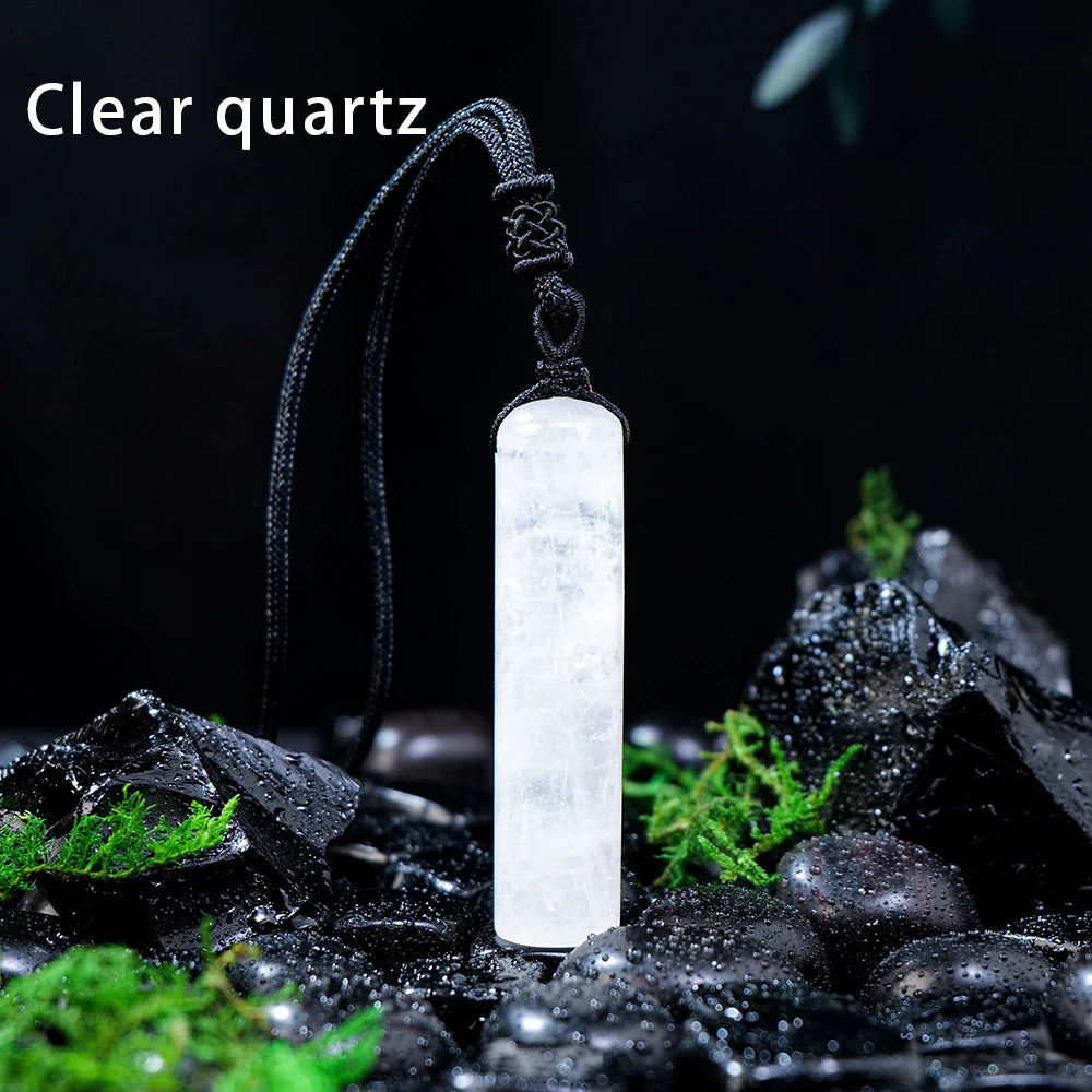 Natural Healing Crystal Cylinder Pendant Necklace for Women Men, Wand Amulet Reiki Stone Adjustable Braided Cord