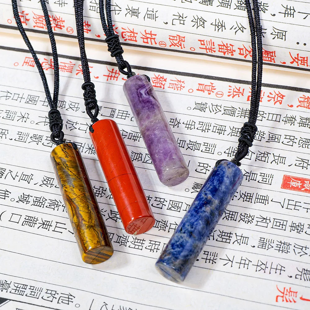 Natural Healing Crystal Cylinder Pendant Necklace for Women Men, Wand Amulet Reiki Stone Adjustable Braided Cord