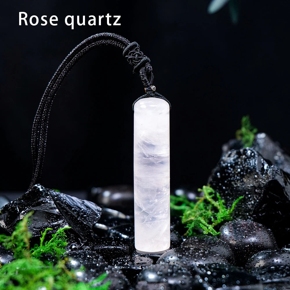 Natural Healing Crystal Cylinder Pendant Necklace for Women Men, Wand Amulet Reiki Stone Adjustable Braided Cord