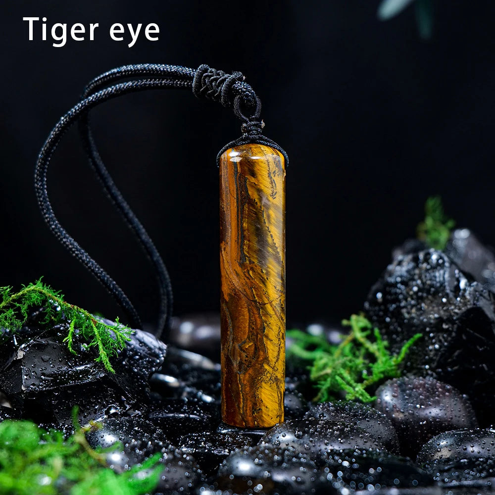 Natural Healing Crystal Cylinder Pendant Necklace for Women Men, Wand Amulet Reiki Stone Adjustable Braided Cord