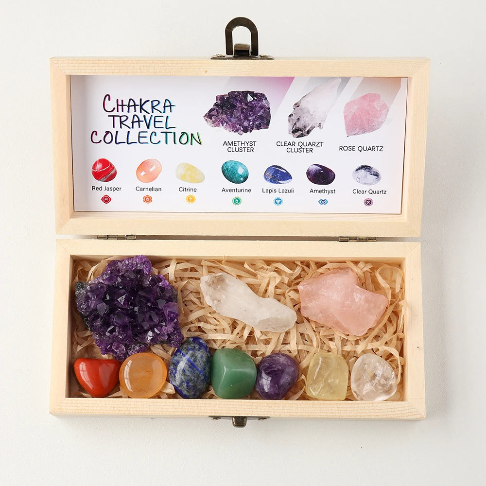 Natural Healing Crystal Set Amethyst Cluster Carnelian Rose Quartz Rough Stone Wooden Box Set For Witchcraft Supplies Home Decor