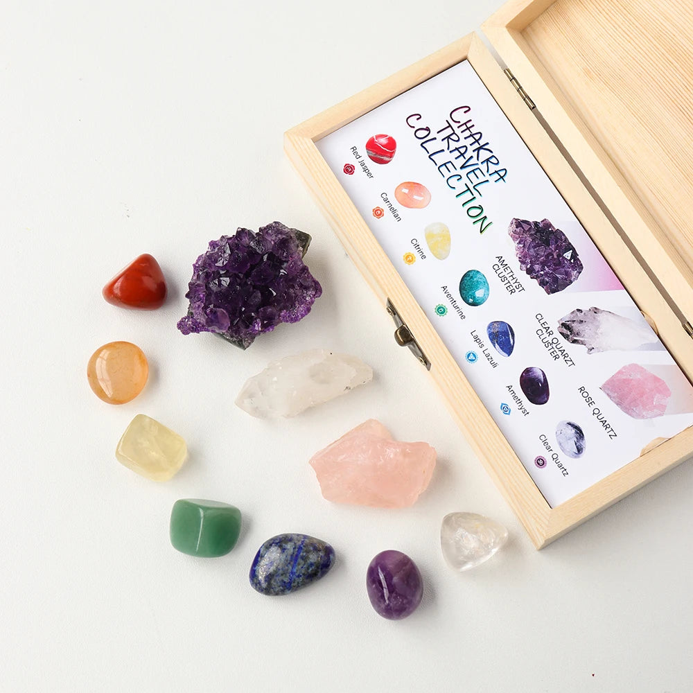 Natural Healing Crystal Set Amethyst Cluster Carnelian Rose Quartz Rough Stone Wooden Box Set For Witchcraft Supplies Home Decor