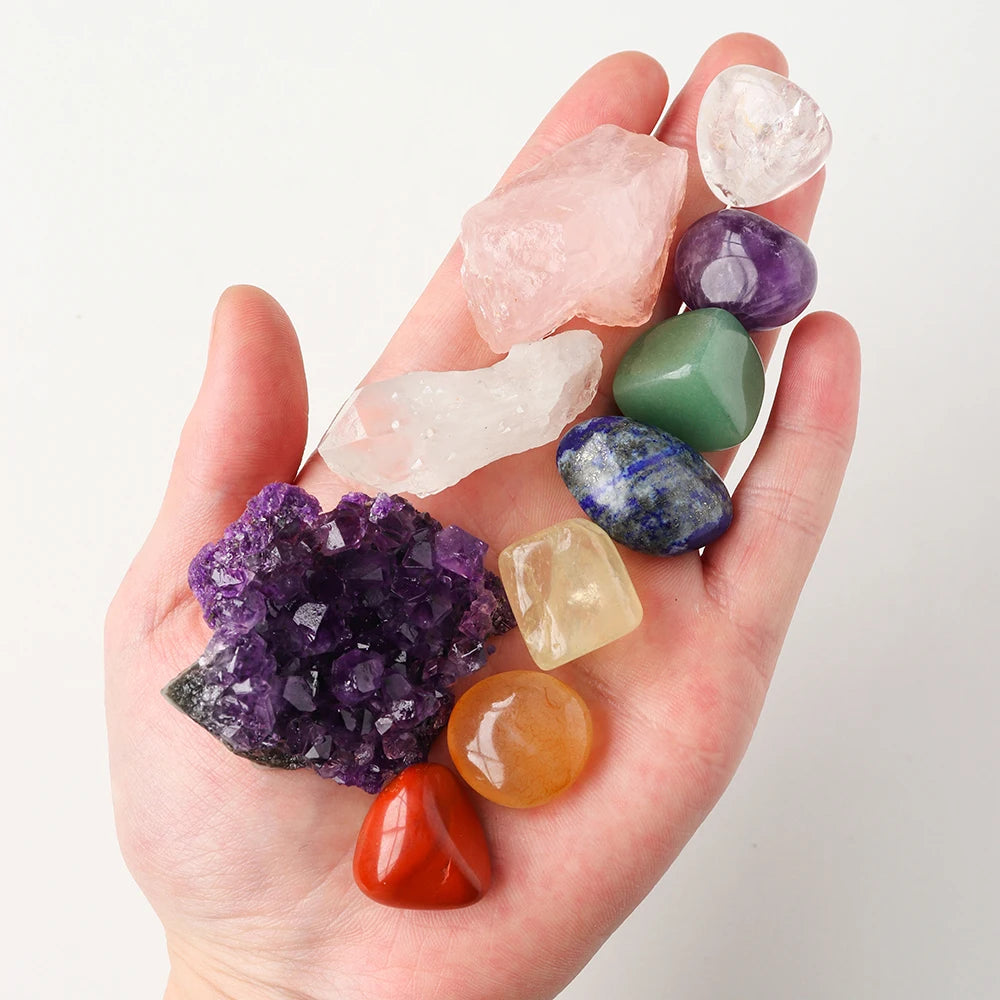 Natural Healing Crystal Set Amethyst Cluster Carnelian Rose Quartz Rough Stone Wooden Box Set For Witchcraft Supplies Home Decor