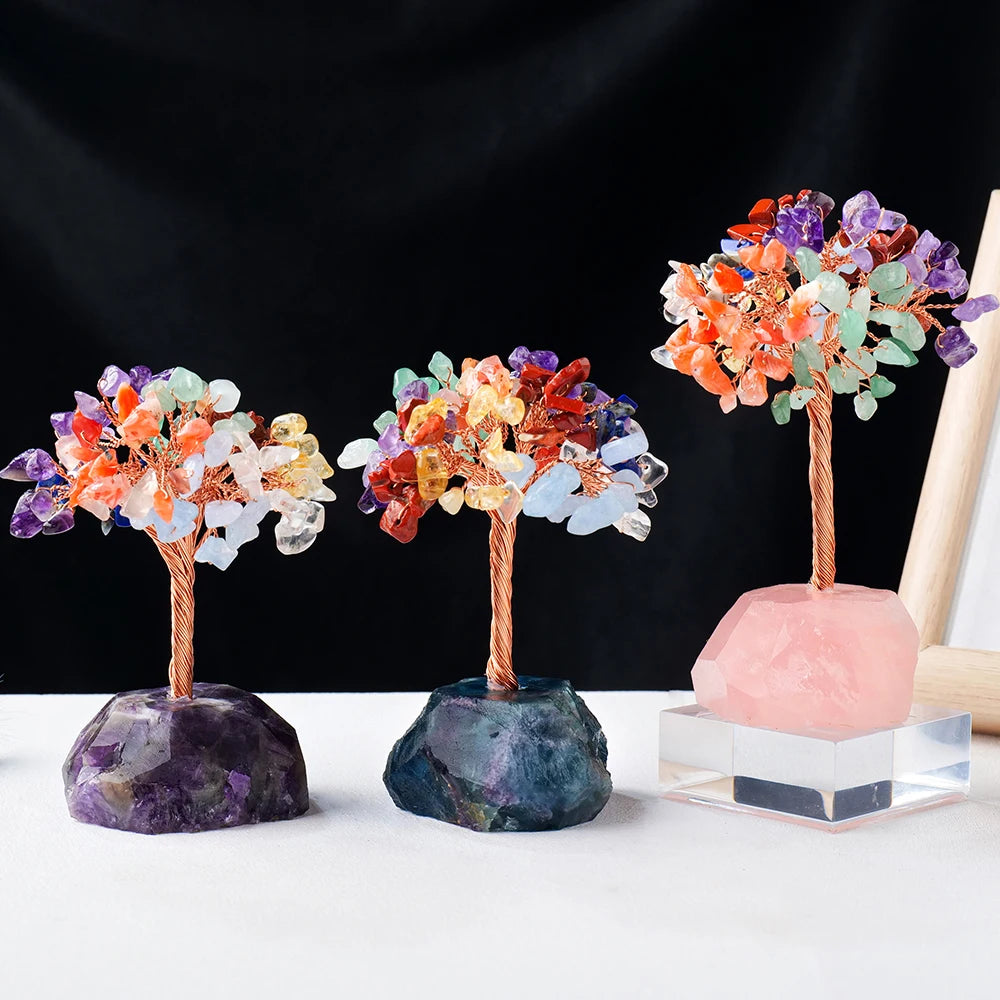 Natural Healing Seven Chakra Gravel  Crystal Tree With Raw Stone Base Rose Quartz Fluorite Luck Tree FengShui Ornaments