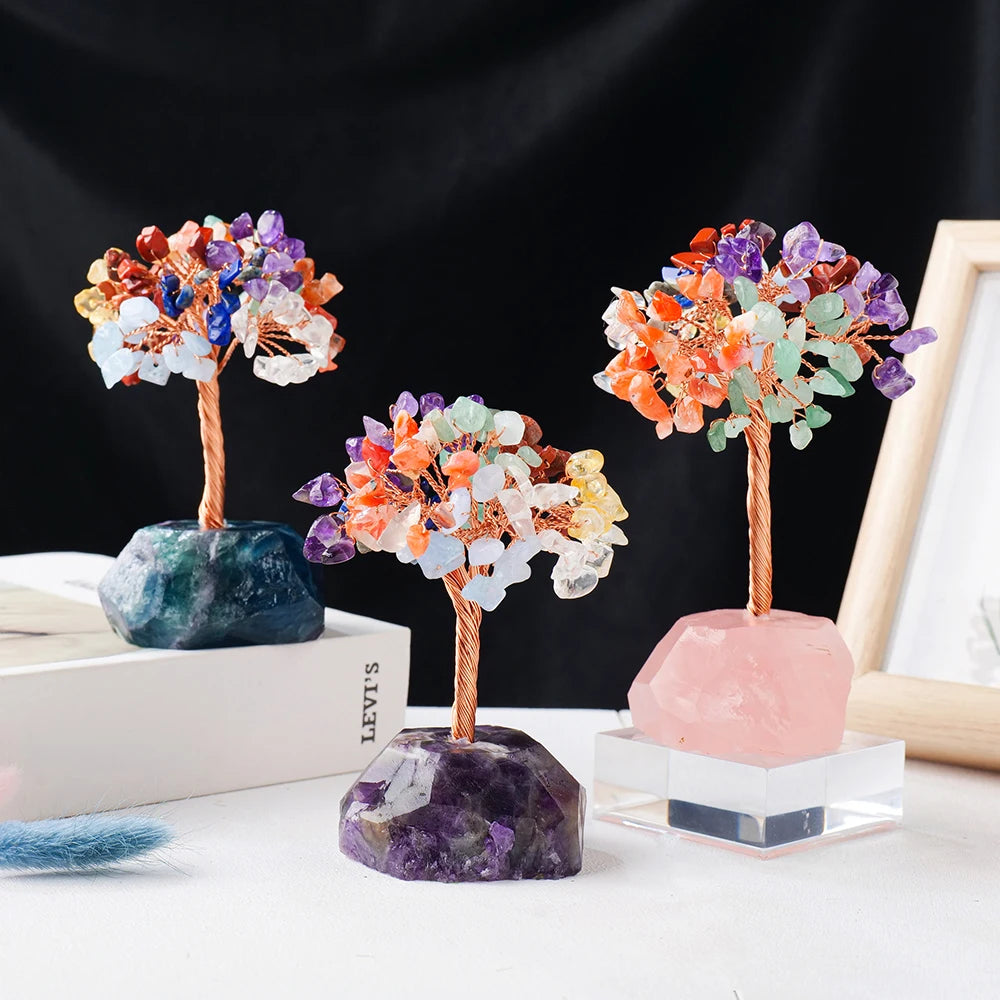 Natural Healing Seven Chakra Gravel  Crystal Tree With Raw Stone Base Rose Quartz Fluorite Luck Tree FengShui Ornaments