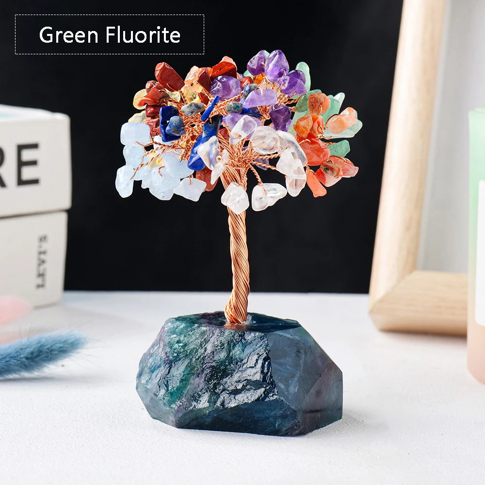 Natural Healing Seven Chakra Gravel  Crystal Tree With Raw Stone Base Rose Quartz Fluorite Luck Tree FengShui Ornaments