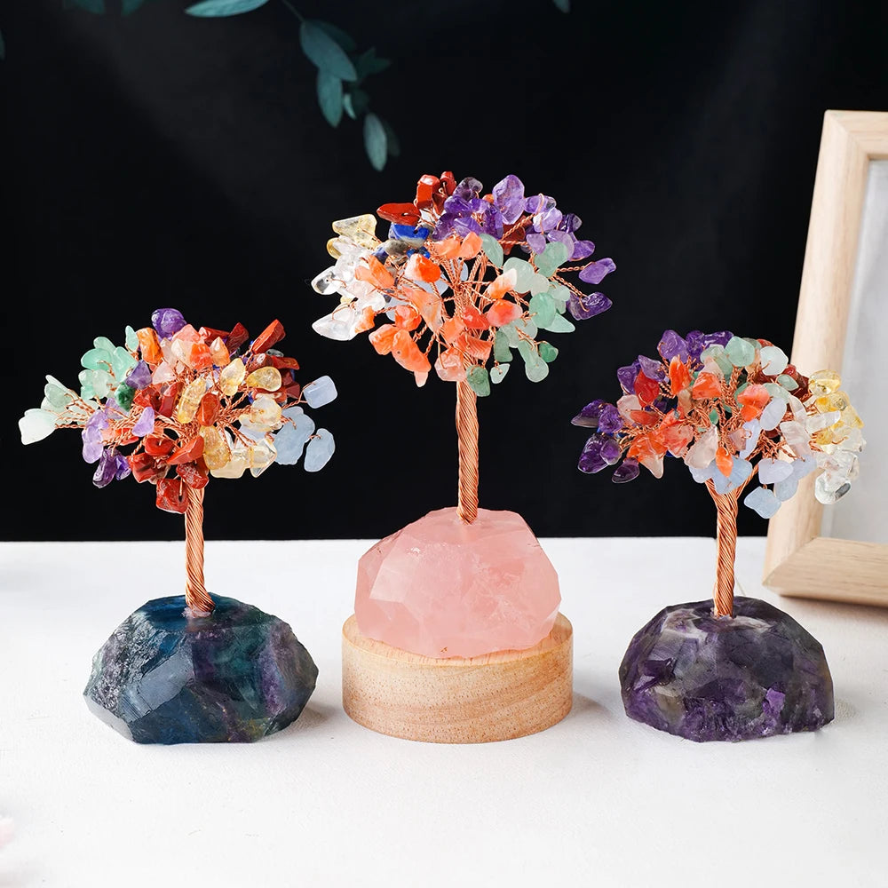 Natural Healing Seven Chakra Gravel  Crystal Tree With Raw Stone Base Rose Quartz Fluorite Luck Tree FengShui Ornaments