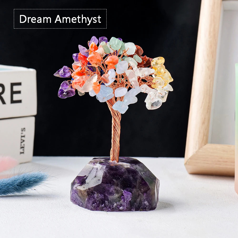 Natural Healing Seven Chakra Gravel  Crystal Tree With Raw Stone Base Rose Quartz Fluorite Luck Tree FengShui Ornaments