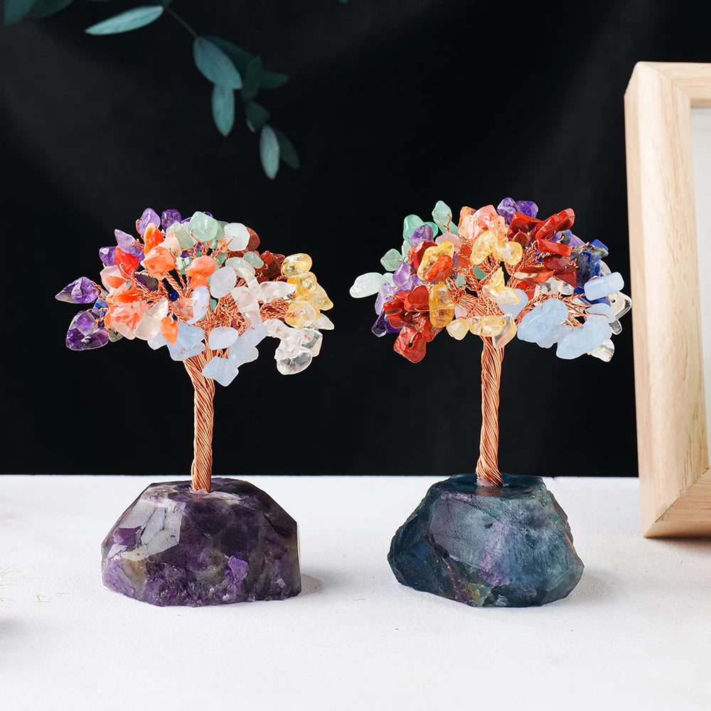 Natural Healing Seven Chakra Gravel  Crystal Tree With Raw Stone Base Rose Quartz Fluorite Luck Tree FengShui Ornaments