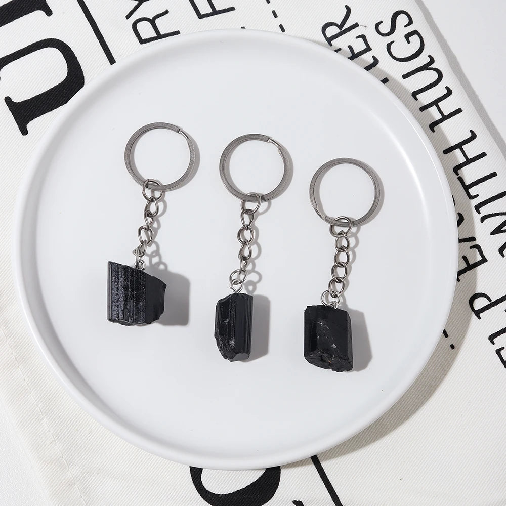 Natural Jet stone Crystal Key Ring Reiki Accessories Tourmaline Pendant Energy Bag Widgets Decorative Gifts