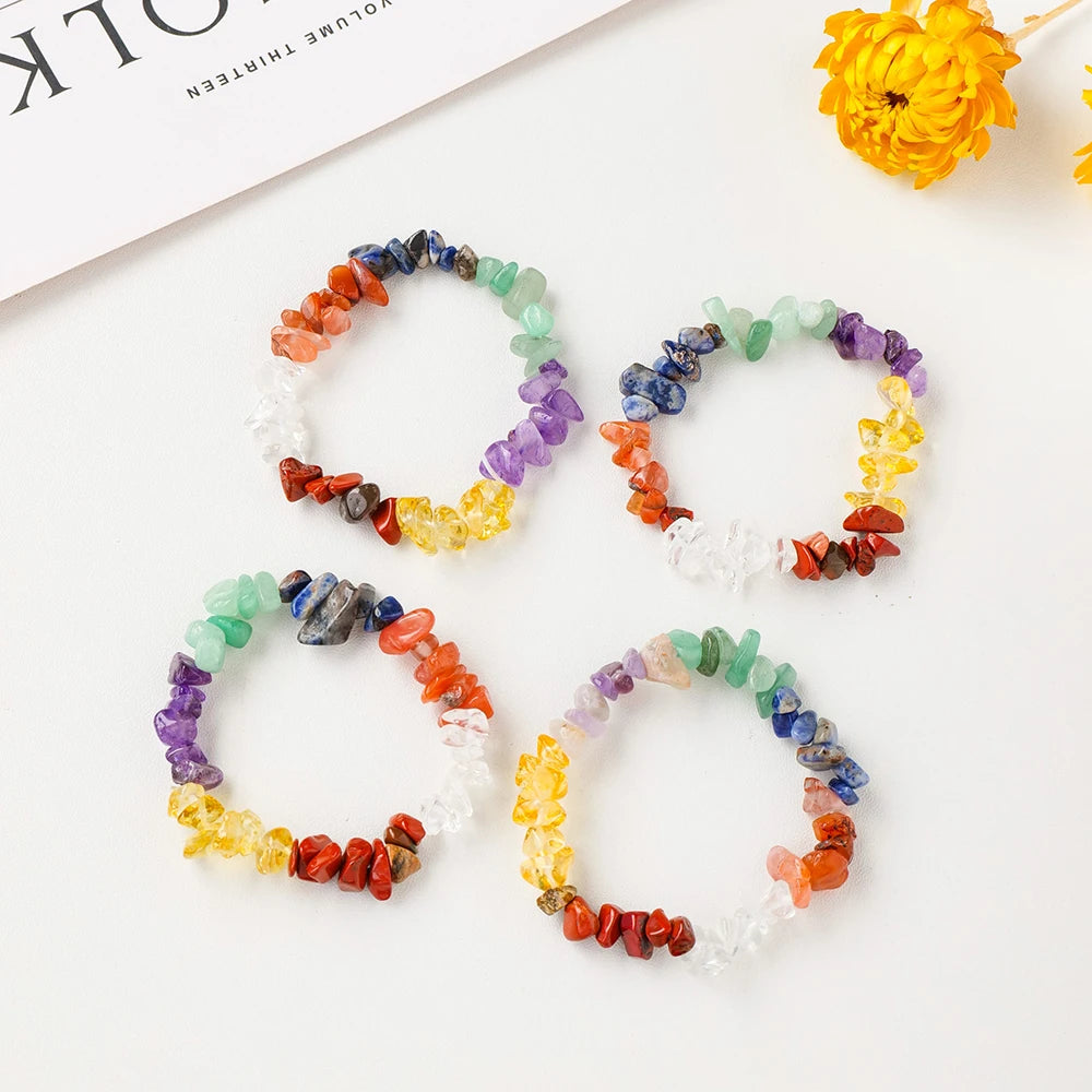 Natural Lrregular Energy Gem Seven Chakra Crystal Bracelet Crystal Stretch Chip Beads Bangles Quartz Wristband For Women