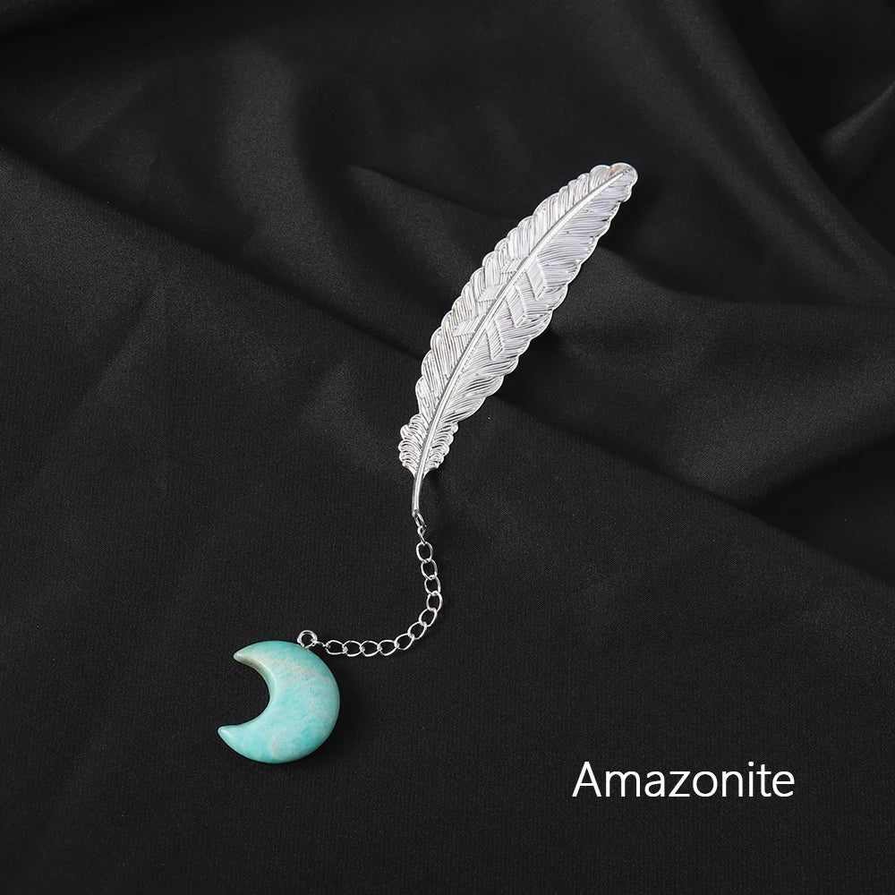 Natural Moon Crystal Bookmark Pendant With Silver Feather Clear Quartz Gemstone Creative Page Holder Stationery Decor Gift