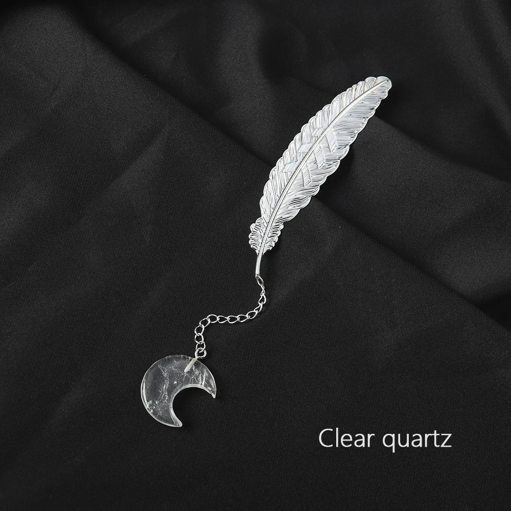 Natural Moon Crystal Bookmark Pendant With Silver Feather Clear Quartz Gemstone Creative Page Holder Stationery Decor Gift